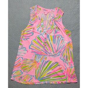 Lilly Pulitzer Essie Tank Top Seashell Sz S Smocked & Split Neckline Colorful